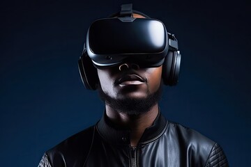 Portrait African guy isolated black background wearing headset virtual reality