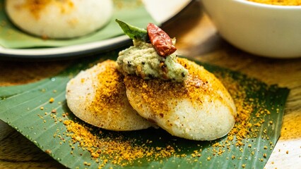 Idli or Idly  is a popular south Indian food, served with coconut chutney on a banana leaf. idly,...