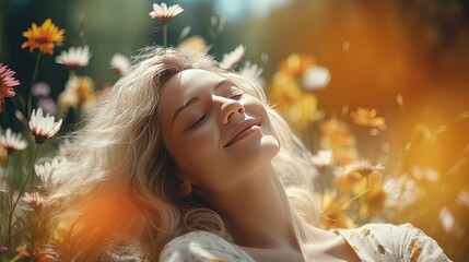 Beautiful young woman in flower field. Resting. relaxing. She is very happy.