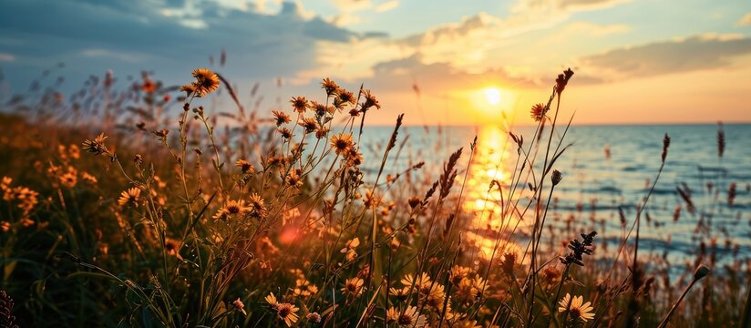 Sea and sunset with grassy flowers.