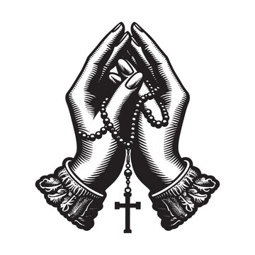 Praying woman Hands with rosary cross. Vintage black engraving illustration. Monochrome vector icon. Isolated and cut out