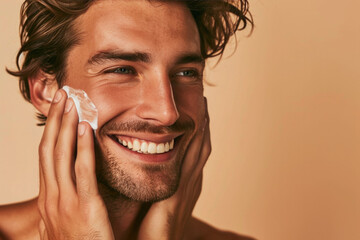 Portrait of handsome man with skincare product on his face - obrazy, fototapety, plakaty