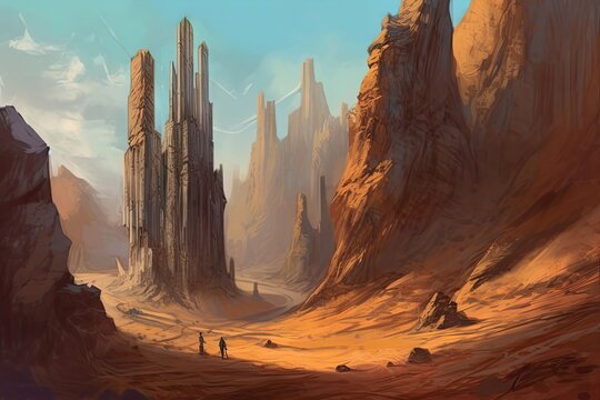 Ruined fortress rocky desert being overrun dangerous evil character gital fantasy painting © akkash jpg