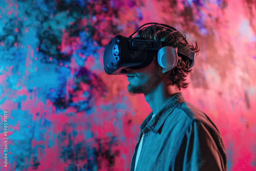 Poster portrait of man with vr goggles with abstract background
