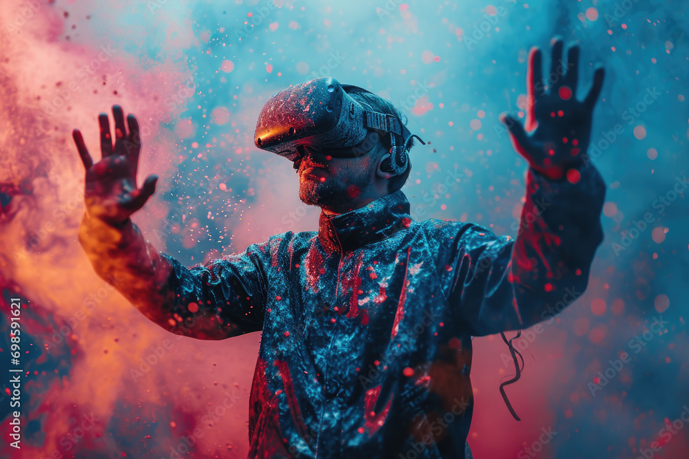 Poster portrait of man with vr goggles with abstract background