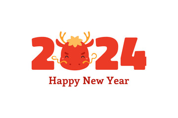 2024 Chinese Lunar New Year cute cartoon dragon, isolated on white. Flat style vector illustration. Asian zodiac sign. Design concept for CNY, Seollal, Tet holiday card, banner, poster, decor element