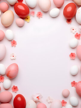 Red and white easter eggs frame background with free copy space inside 