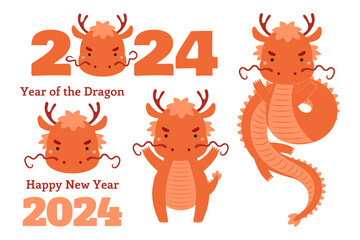 2024 Chinese Lunar New Year cute cartoon dragon clipart collection, isolated on white. Flat style vector illustration. Design concept for CNY, Seollal, Tet holiday card, banner, poster, decor element