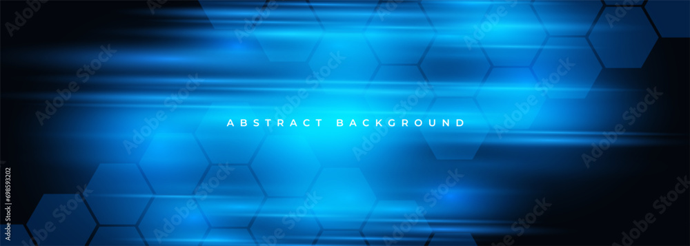Poster dark hexagon gaming abstract wide vector background with blue colored bright and glowing flashes lin