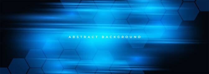 Dark hexagon gaming abstract wide vector background with blue colored bright and glowing flashes lines. Vector illustration © Biod
