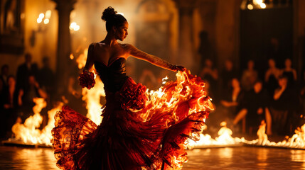 Flamenco Dance Fiery Passion. A stunning Spanish woman gracefully dances flamenco, with burning flames in the background. Expression of passion and artistry concept - obrazy, fototapety, plakaty