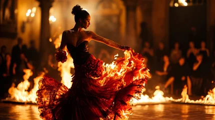 Foto op Plexiglas Flamenco Dance Fiery Passion. A stunning Spanish woman gracefully dances flamenco, with burning flames in the background. Expression of passion and artistry concept © Mr. Bolota
