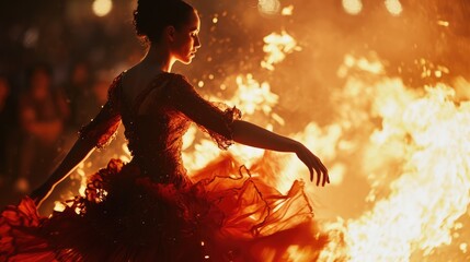Obraz premium Flamenco Dance Fiery Passion. A stunning Spanish woman gracefully dances flamenco, with burning flames in the background. Expression of passion and artistry concept