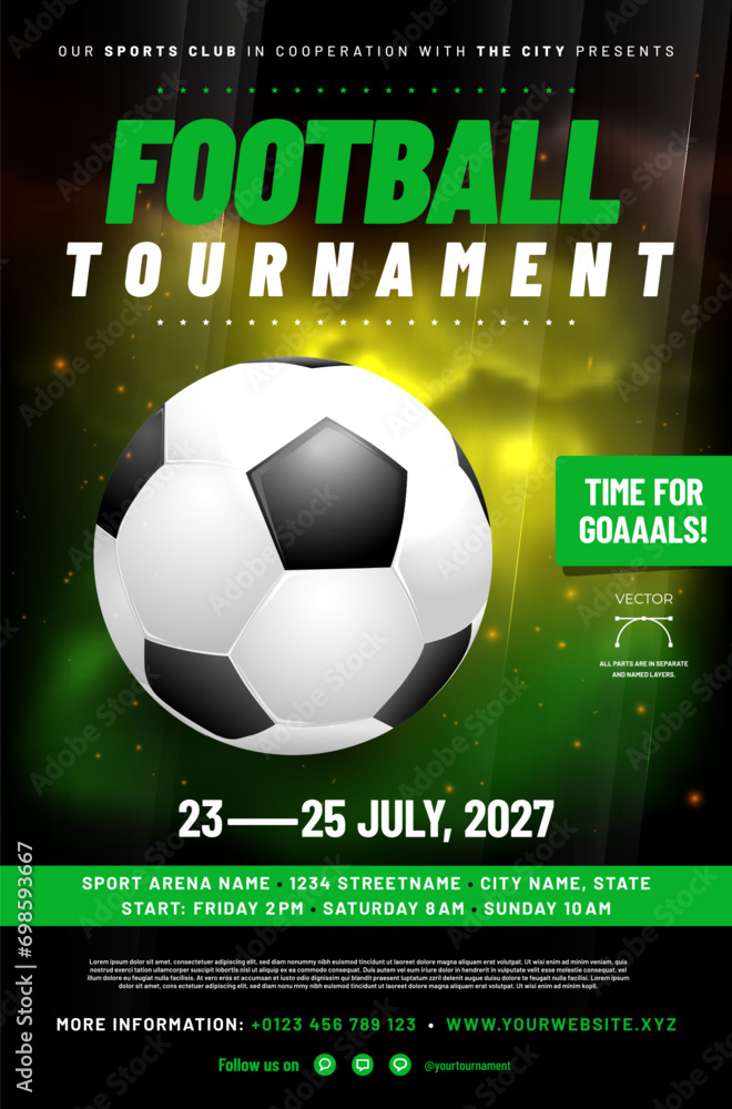Wall mural football or soccer tournament poster template with ball and sample text in separate layer - vector i