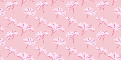 Fototapeta premium Seamless, abstract, simple flowers buds pattern. Vector hand drawn trendy silhouettes. Retro pastel pink floral print. Template for design, fabric, interior decor, textile, fashion, wallpaper