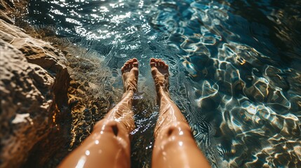 Young woman putting her feet in the water - obrazy, fototapety, plakaty