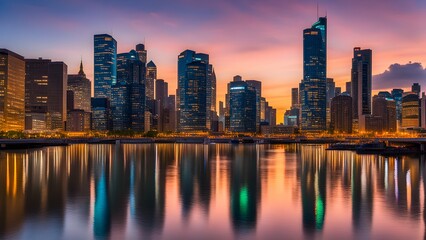 A vibrant city skyline at dusk, with illuminated skyscrapers reflecting on the calm waters of a nearby river. 