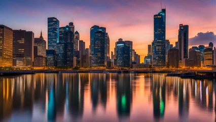 Afwasbaar Fotobehang Reflectie A vibrant city skyline at dusk, with illuminated skyscrapers reflecting on the calm waters of a nearby river. 