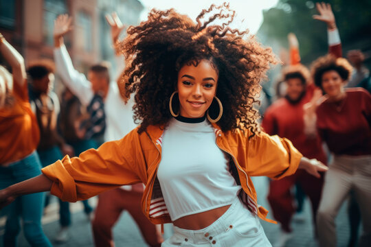 Urban Beats of the 90s: Hip-Hop Dance Group in Expressive Movements and Street Fashion, Channeling the Authentic Groove and Style Inspired by the Vibrant Hip-Hop Culture of the Era.




