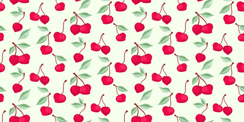 Seamless creative vibrant red cherries pattern on a light background. Summer berries, fruits, leaves, simple print. Vector hand drawn sketch. Design ornament for fabric, fashion, textile, wallpaper