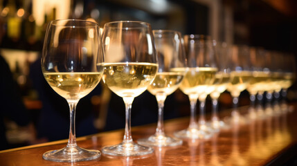 Glasses of white wine on bar counter - obrazy, fototapety, plakaty