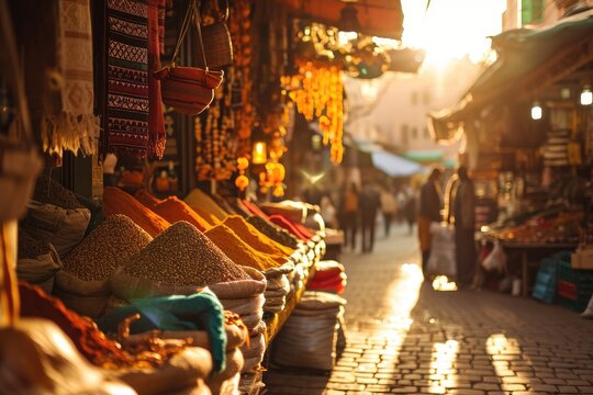 The Flavors and Aromas of a Bustling Moroccan Market in Marrakech, Africa souk atmosphere with herbs, spices, exotic fruits