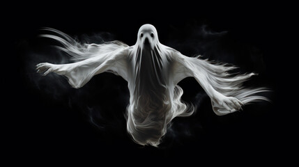 Flying white ghost isolated on black background