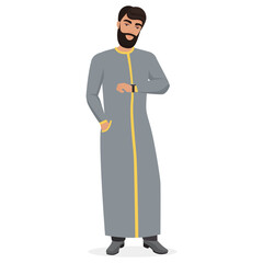 Obraz na płótnie Canvas Arab man looking at watch. Waiting muslim man in traditional robe cartoon vector illustration