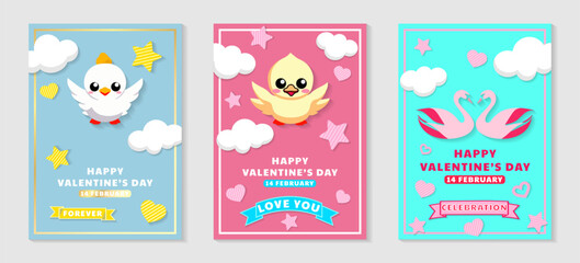 Vector illustrations with yellow, pink heart, yellow, pink star, cloud, and swan elements for a Valentine's Day banner or greeting card set of three concepts.