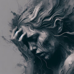 Sad woman in distress, grey abstract