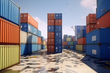Gain a unique perspective with a view of containers at a container yard, where the bustling activity of forklifts and trucks adds dynamism to the scene. Generative AI.