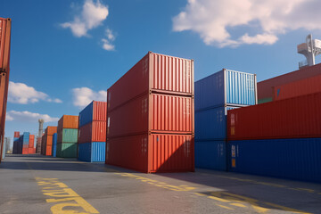 Fototapeta premium Gain a unique perspective with a view of containers at a container yard, where the bustling activity of forklifts and trucks adds dynamism to the scene. Generative AI.