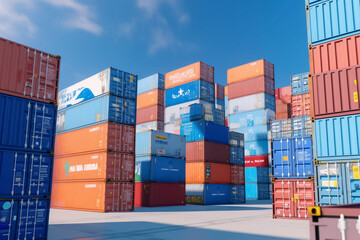 Gain a unique perspective with a view of containers at a container yard, where the bustling activity of forklifts and trucks adds dynamism to the scene. Generative AI.