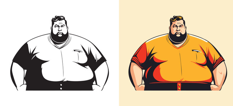 Fat man character portrait cartoon black white sketch vector and color obese overweight beard guy person in t-shirt set graphic illustration AI generated, modern human male comic drawn design image