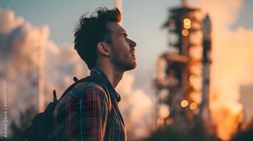Wall mural a man with a backpack looks up in awe at a towering launchpad structure against a sunset sky.