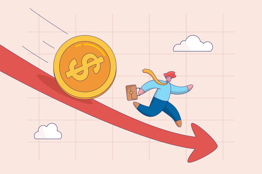 World economic recession concept. Global financial crisis or international stock market crash, investment asset fall down, decline, frustrated businessman investor run away from falling down dollar.