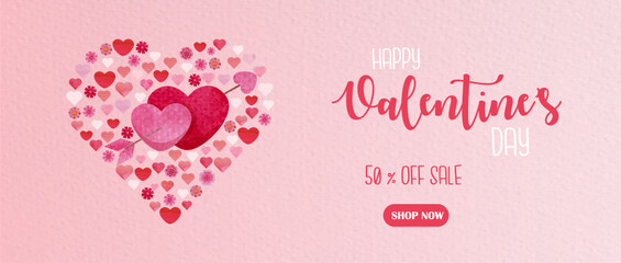 Naklejka premium Valentine's Day Sale Web Banner. Pink watercolor gradient background with hearts