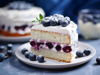A piece of blueberry cake with vanilla buttercream frosting and fresh berries on top, white table and blurry background 
