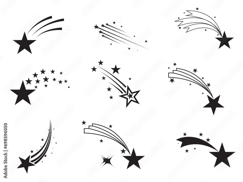 Poster shooting stars icon vector set. abstract silhouette of shooting star. meteorite and comet symbols. f