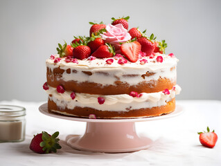 Delicious strawberry cake with vanilla buttercream frosting and fresh berries on top, white table and blurry background 