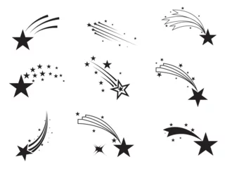 Foto op Canvas Shooting stars icon vector set. Abstract silhouette of shooting star.  Meteorite and comet symbols. Flying comet with tail, falling meteor, abstract galaxy element. Cosmic shine. star vector design. © Vector Vista