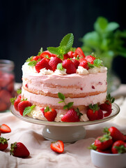 Delicious strawberry cake with vanilla buttercream frosting and fresh berries on top, white table and blurry background 