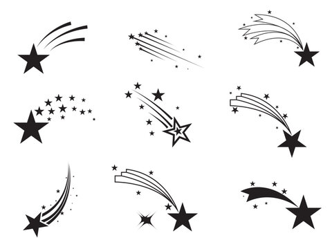Shooting stars icon vector set. Abstract silhouette of shooting star.  Meteorite and comet symbols. Flying comet with tail, falling meteor, abstract galaxy element. Cosmic shine. star vector design.