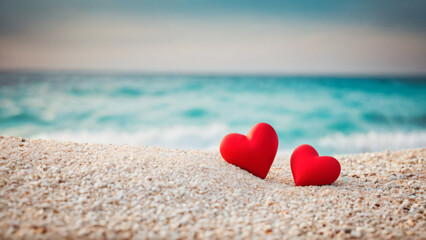 Fototapeta premium Hearts on the background of the sea, beautiful view, Valentine's day card, background