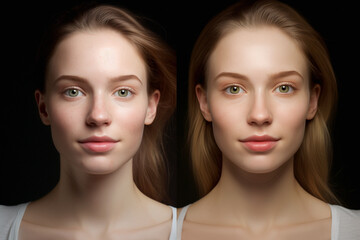 Anti-aging treatments with retinol. Portrait of a girl in close-up before and after using cosmetic cream, serum
