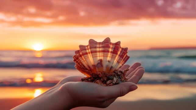 a hand holding a beautiful seashell against a breathtaking sunset at the beach,