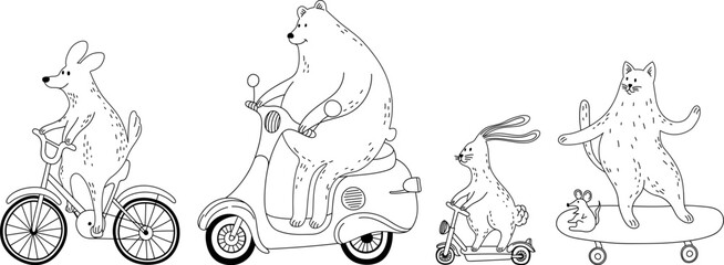 Illustration of cartoon animals on a scooter. Cute doodle animals.