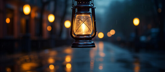 warm lantern on a rain street,vacation trip travel