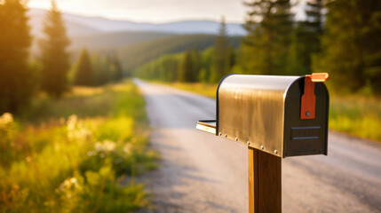 a mailbox alongside a road, surrounded by forest and montains in the golden sunset.