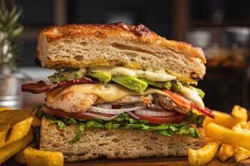 Grilled chicken breast sandwich with lettuce, tomato, bacon, red onion rings and avocado served on...
